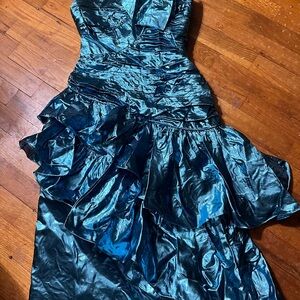 Vintage 80s Elegant Blue Metallic Taffeta Prom Dress Tiered Size 6